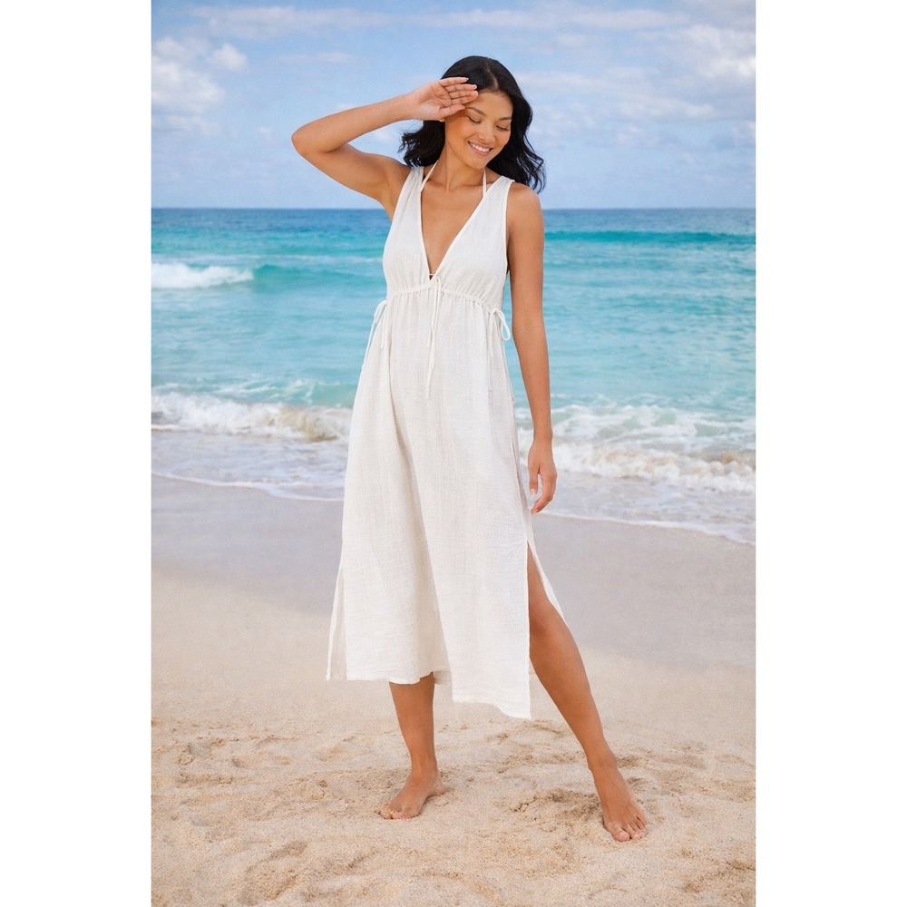 Shade & Shore White Gauze Midi Beach Cover Up Dress Medium V-Neck Side Slit Boho